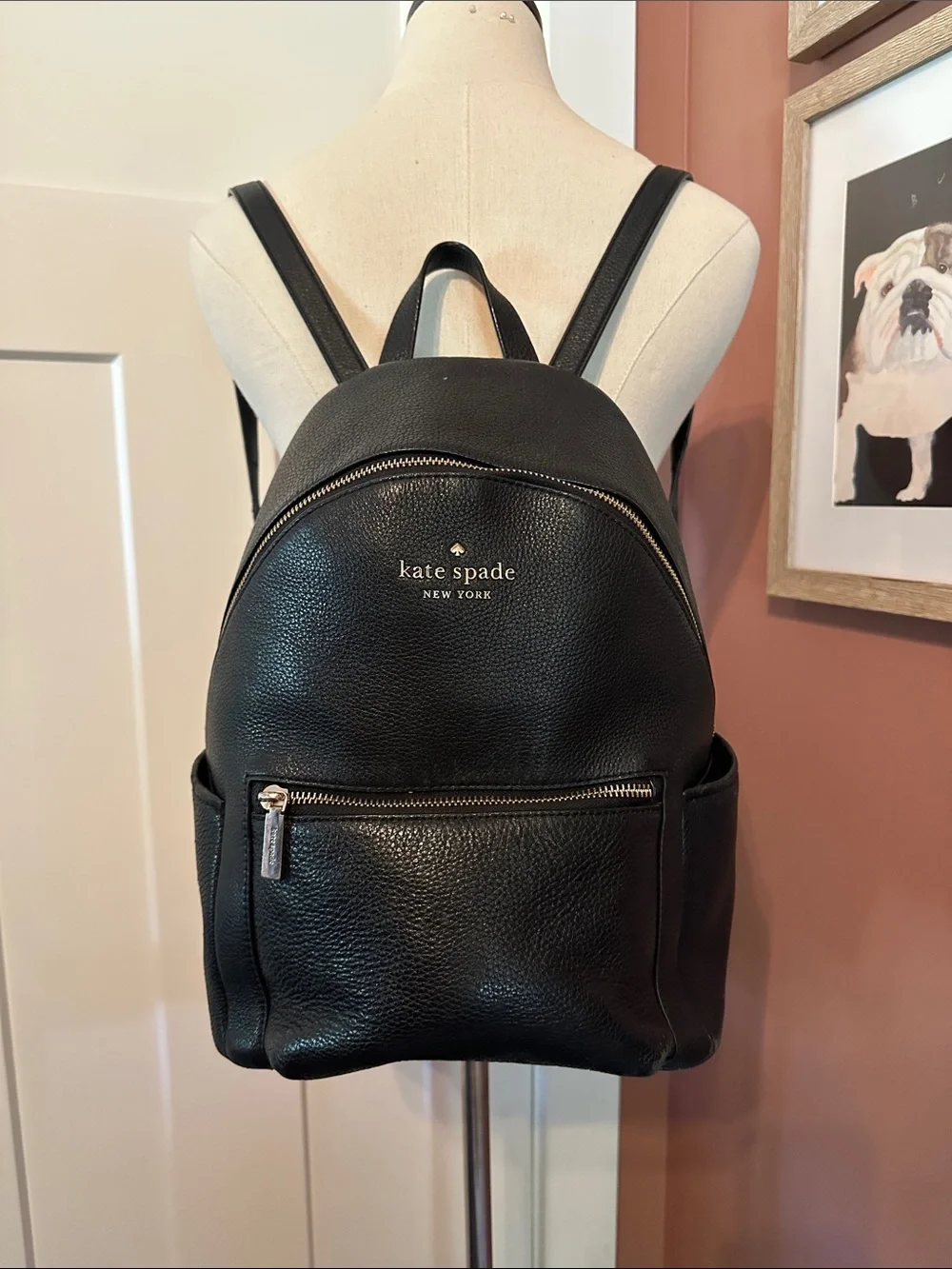 kate spade Leila Dome Black Pebbled Leather Gold Hardware zipper backpack